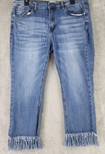 Judy Blue Jeans Womens 1XL Blue Denim Fringed Hem Cropped Fit Momcore Pants - Picture 1 of 10