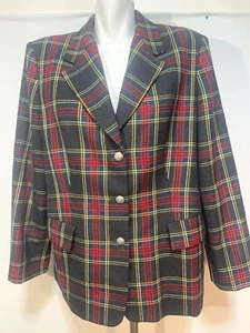 Luisa Spagnoli Women Blazer Jacket Wool Red Green Blue Tartan Plaid 50 14 Lined - Picture 1 of 7