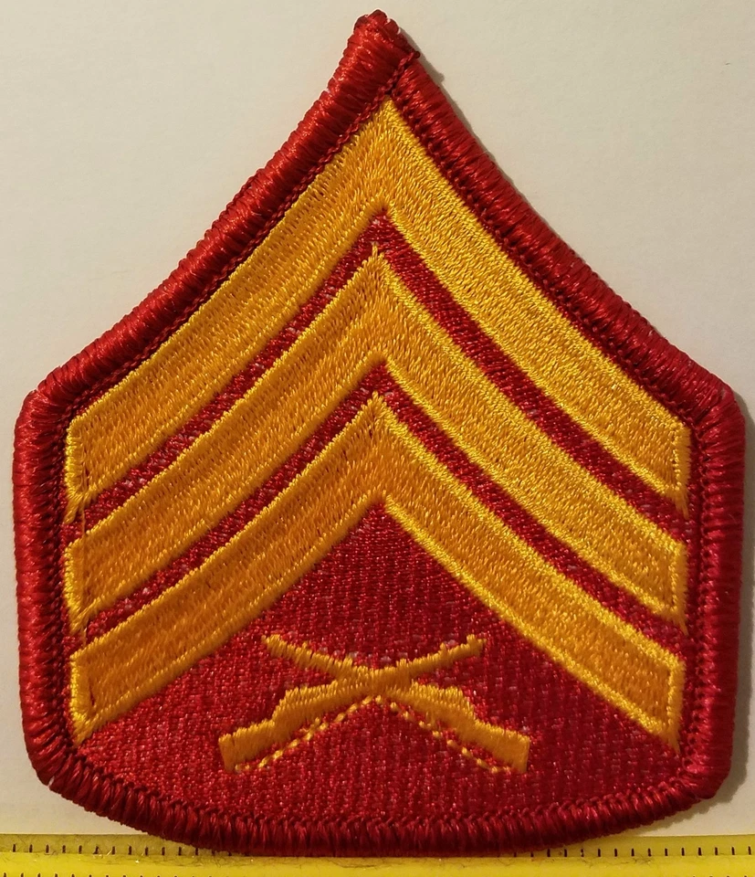 Sergeant  Rank Insignia Embroidered Iron-On Patch SGT E-5 Emblem Red  Border - Image 1 of 1