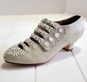 American Duchess Savoy 8.5 Ivory Leather Beaded Heel Shoe Edwardian Reproduction