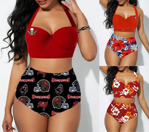 Tampa Bay Buccaneers Womens 2PCS Halter Swimwear Low Cut High Waisted Bikini Set Cover