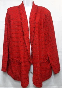 Worthington Womens Jacket Size XXL Red /Black Tweed Fringe Open Blazer Vtg NEW - Picture 1 of 18
