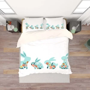 3D Simple Rabbit Floral Kids Quilt Cover Set Duvet Cover Bedding Pillowcases - Picture 1 of 6