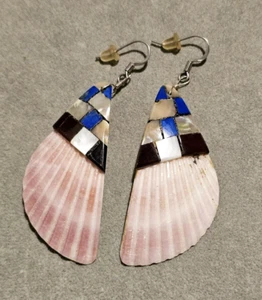 Vintage Santo Domingo Shell Lapis Lazuli Inlay Drop Earrings Native American - Picture 1 of 7