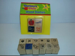 MINI RUBBER STAMPS, FLOWER AND HEARTS-12 PIECES & TEACHER'S TOOL WOOD STAMPS - Picture 1 of 4