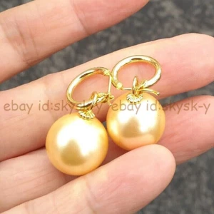 Huge 16mm Round South Sea Golden Shell Pearl Earrings 14k Yellow Gold - Picture 1 of 9