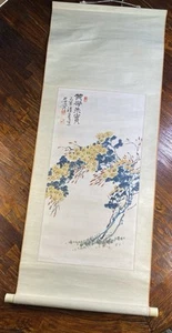 Vintage Chinese hanging scroll Featuring Hands Painted Chrysanthemums. 43” Long - Picture 1 of 8