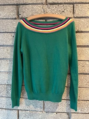 Suéter Boden para mujer verde con cuello de barco a rayas multicolores Reino Unido 6 EE. UU. 2 algodón azul Foto 1 de 4