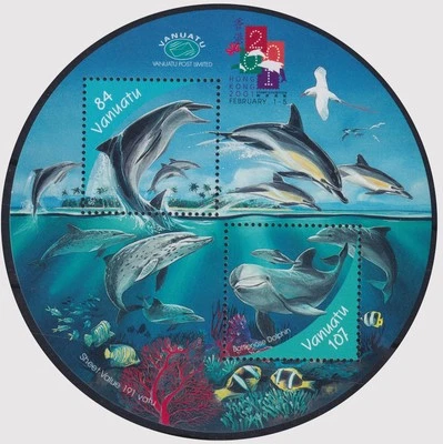 VAN32M) Vanuatu 2000/1 Dolphins Hong Kong Ovpt M/S & set of 4 . MUH. - image 1 of 2
