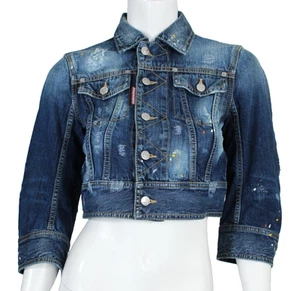 DSQUARED2 Blue Denim Distressed Splatter Detail Cropped Jean Jacket 42 - Picture 1 of 13