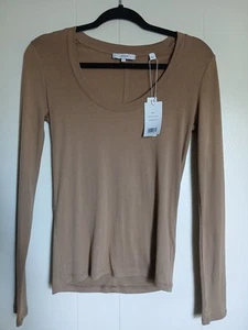 Camisa de manga larga de algodón Pima Vince nueva con etiquetas para mujer talla pequeña marrón cuello barco BONITA - Imagen 1 de 11