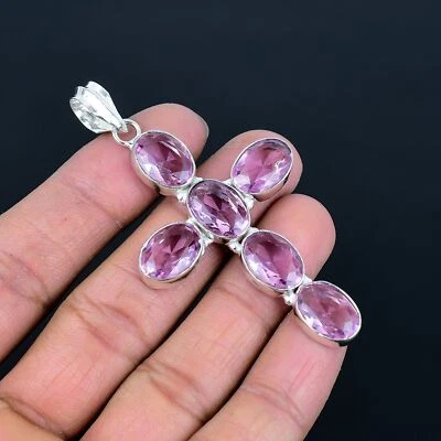 Colgante Cruz Étnica Ovalada Piedras Preciosas Plata Esterlina 925 Kuncita Rosa 3.2" VJ 313 Foto 1 de 4