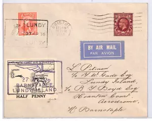 GB KGV Cover *LUNDY* Island LACAL Air Stamp 1936 PUFFIN Mixed Franking YK173 - Picture 1 of 8