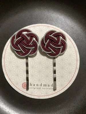Pair of Handmade Japanese Mizuhiki wine red flower hair pins - Image 1 of 2