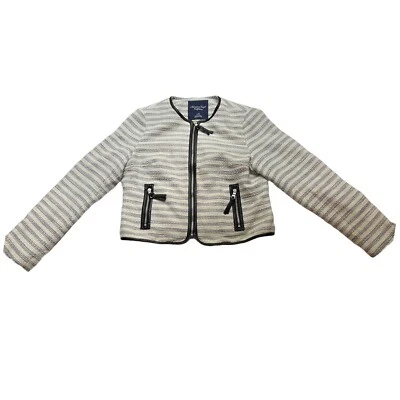 American Eagle Blazer Jacket Women L Knit Full Zip White Navy Striped  - Image 1 of 4