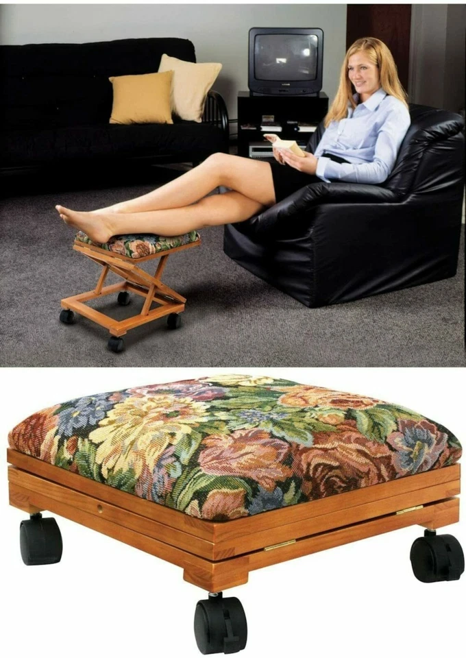 Footrest Adjustable Elevated Footstool Ottoman Tapestry Covered Fold-Away Otoman - Image 1 of 4