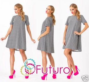 Damen Etuikleid Karomuster Rundhalsausschnitt Kurzarm Tunika Größen 8-14 FA366 - Bild 1 von 7