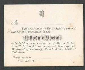 DATED 1880 BKLYN NY HILLSDALE SOCIAL CLUB INVITATION, PREVIOUSLY MOUNTED - Picture 1 of 1