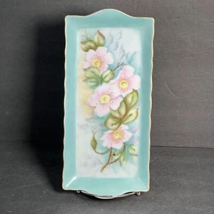 Bandeja de tocador vintage pintada a mano floral musgo rosas azul rosa firmado 11,5" - Imagen 1 de 7
