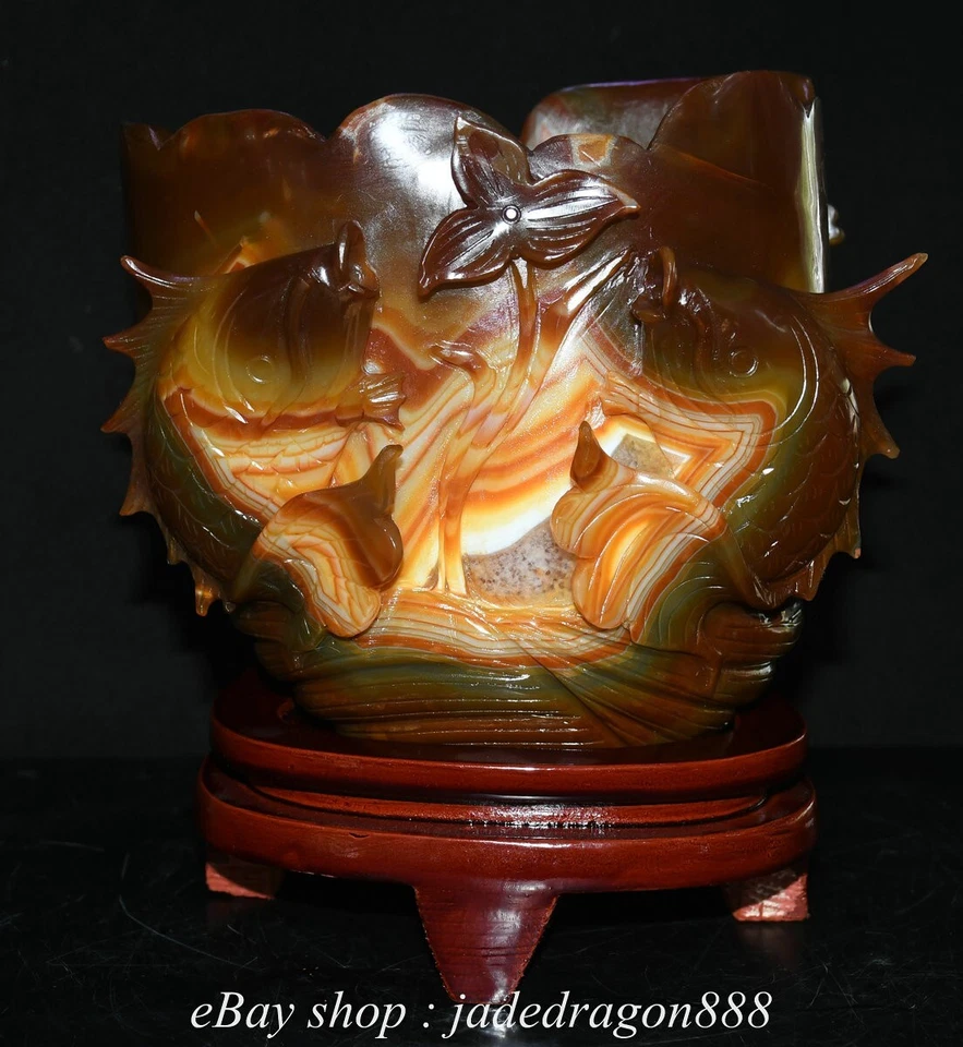 Jarrón lápiz maceta cepillo 2 peces tallado ágata roja blanca marca china de 8,4" Foto 1 de 4