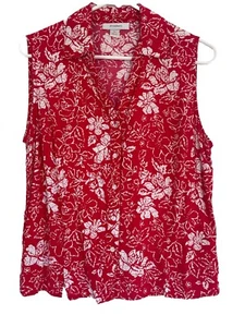 dressbarn Womens Red Floral Button Up Sleeveless Rayon Top Sz M - Picture 1 of 7