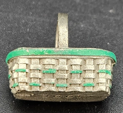 Longaberger Vintage Miniature Pewter 1996 Green Trim Easter Basket Pendant Charm Cover