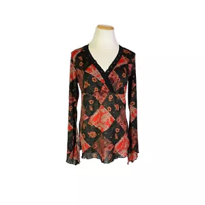 Y2K Moa Moa XL Sheer Mesh Top Flared Sleeves Dark Floral Paisley High Waist - Picture 1 of 10