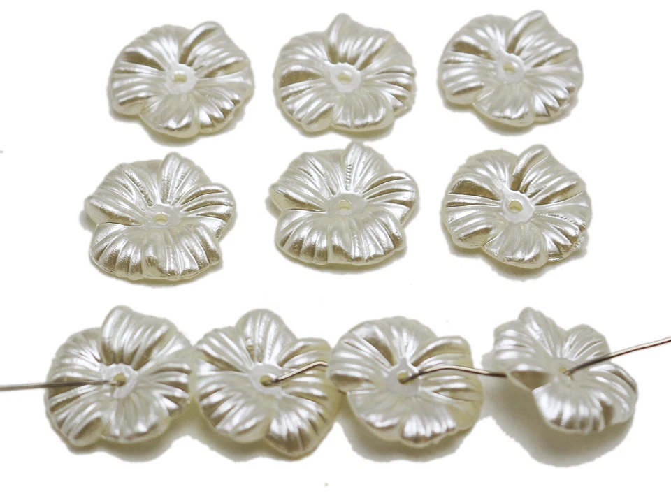 100 Pcs Ivory Acrylic Pearl Flower Bead Cap Sewing Bow Center 16mm Center Hole - Image 1 of 4