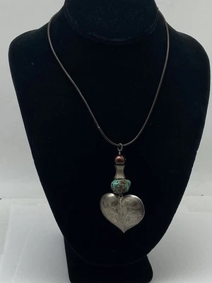 Sterling Silver Turquoise / Faux Pearl Heart Leather Necklace Pendant 22.5g - Image 1 of 4