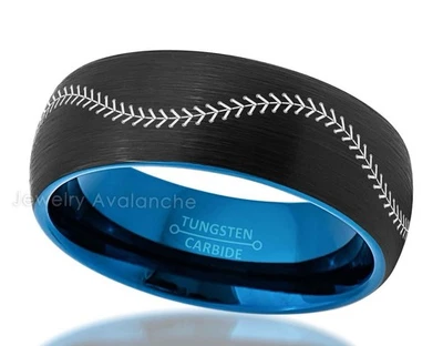Men's Black & Blue Tungsten Carbide Baseball Stitch Pattern Wedding Ring Size 13 - Image 1 of 3