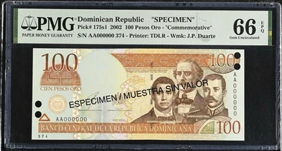 DOMINICAN REPUBLIC 100 Pesos 2002 PMG 66 EPQ SPECIMEN COMMEMORATIVE  POP 10/1 - Image 1 of 3