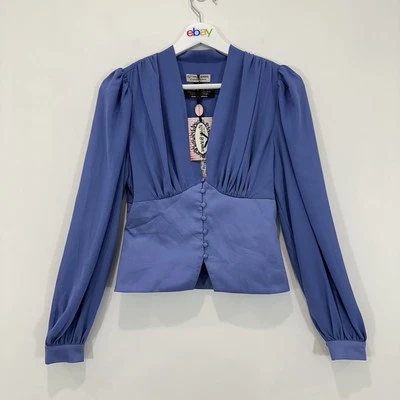 Kitty D'Amour Top Women 8 Blue La Luna Long Sleeve Cropped Button Up NEW RRP$189 - Image 1 of 4
