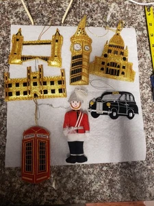 7 Pc Lot Big Ben London Embroidered Christmas Tree Ornament Gold Fabric Harrods  - Picture 1 of 11