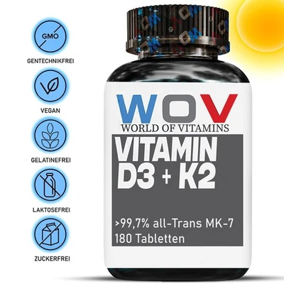 WOV® WOV Vitamin D3 K2 VEGAN -180 Tabletten mit 5000 IE D3 +100μg K2(MK7) Hochdosiert