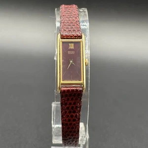 Vintage Seiko Ladies Tank Watch 2E20-5230 Burgundy Dial & Band w/ Gold Tone Case - Picture 1 of 12