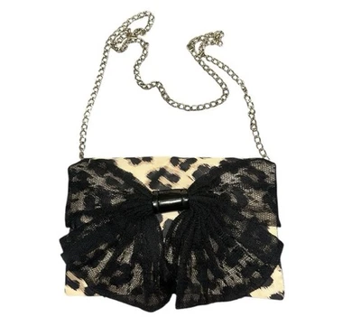 RED VALENTINO Black Leopard Lace Bow Gold Chain Clutch Bag Purse - Image 1 of 4