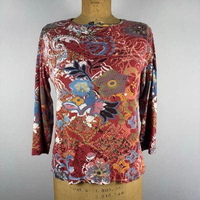 Chico’s 女式 1 (M) 码长袖上衣红色多色花卉波西米亚印花棉 — 第 1/4 张图片