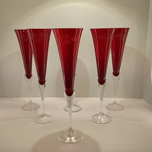 Six Lenox Ruby red etched Holly Holiday gems champagne flutes - Picture 1 of 10