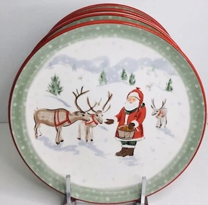 4 Dinner Plates Christmas Santa and Reindeer Folk Art New - Picture 1 of 6