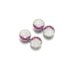 Geometric Design, Set With Calibré-Cut Rubies & Baguette Cut White CZ Cufflinks - Picture 1 of 3