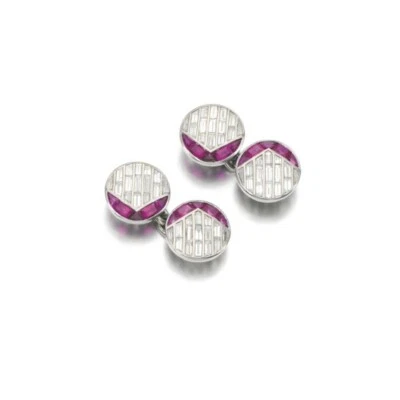 Geometric Design, Set With Calibré-Cut Rubies & Baguette Cut White CZ Cufflinks - Image 1 of 3