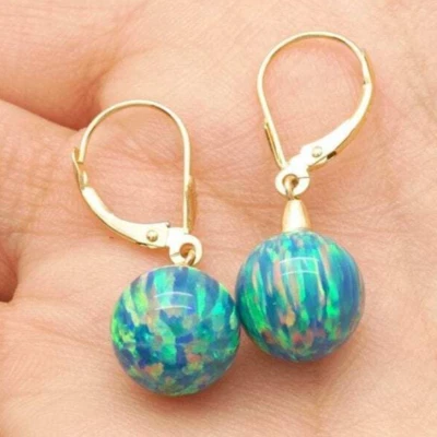 Pendientes colgantes bola oro 14K azul verde ópalo de fuego con palanca de 10 mm Foto 1 de 4