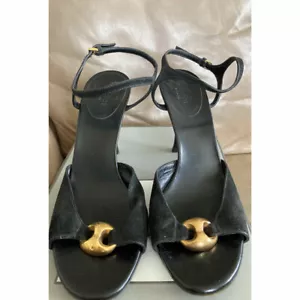 GUCCI Sandals Pumps Heels Black Strap Gold Hardware Size 37.5 From Japan Used - Picture 1 of 10