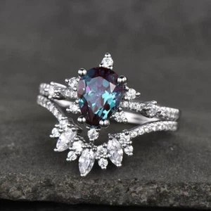Wedding Ring Set 3.75Ct Pear Cut Created Alexandrite Women 14K White Gold Finish - Picture 1 of 6