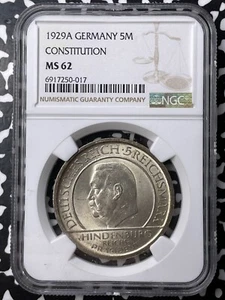 1929-A Germany Constitution 5 Mark NGC MS62 Lot#G9522 Silver! Nice UNC! - Picture 1 of 3