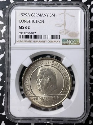 1929-A Germany Constitution 5 Mark NGC MS62 Lot#G9522 Silver! Nice UNC! - Image 1 of 3