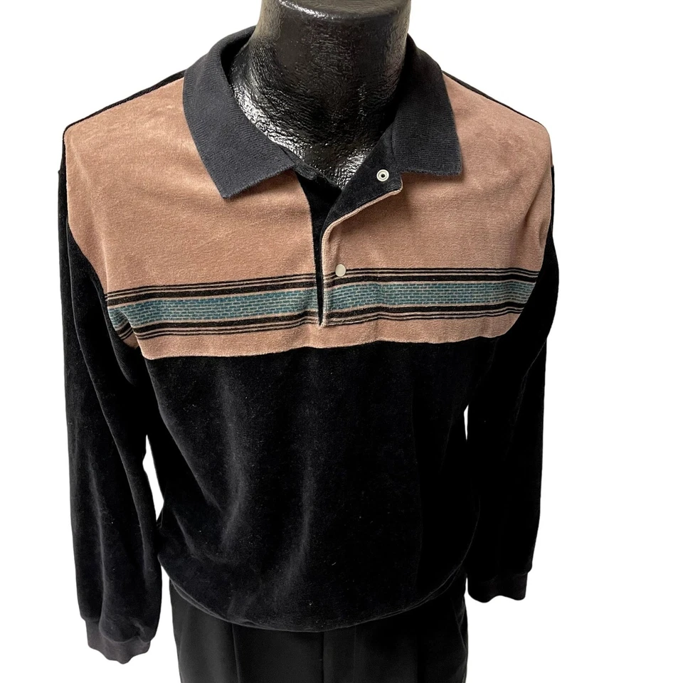 De Colección Años 70 Club Hampton Negro VELOUR MoD Manga Larga TERCIOPELO Polo DISCO Camisa EE. UU. L Foto 1 de 4