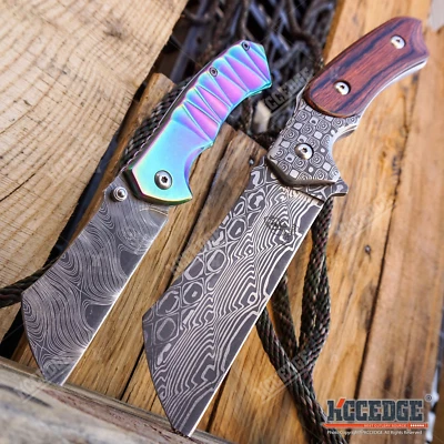 2PC Sharp Etched Damascus Set FIXED BLADE Cleaver + POCKET KNIFE Mini Cleaver Foto 1 de 4