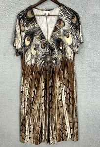 Vintage Y2K Dressbarn Dress Womens 18 Brown Peacock Print Babydoll Beaded Boho - Picture 1 of 8