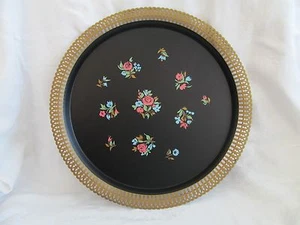 VTG Social Supper Metal Tray Black Floral Roses Pink Blue Toleware Filigree 15" - Picture 1 of 8